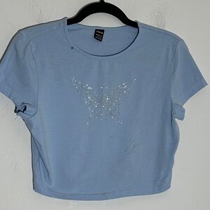 SHEIN Sky Blue Crop Top with Glitter Butterfly